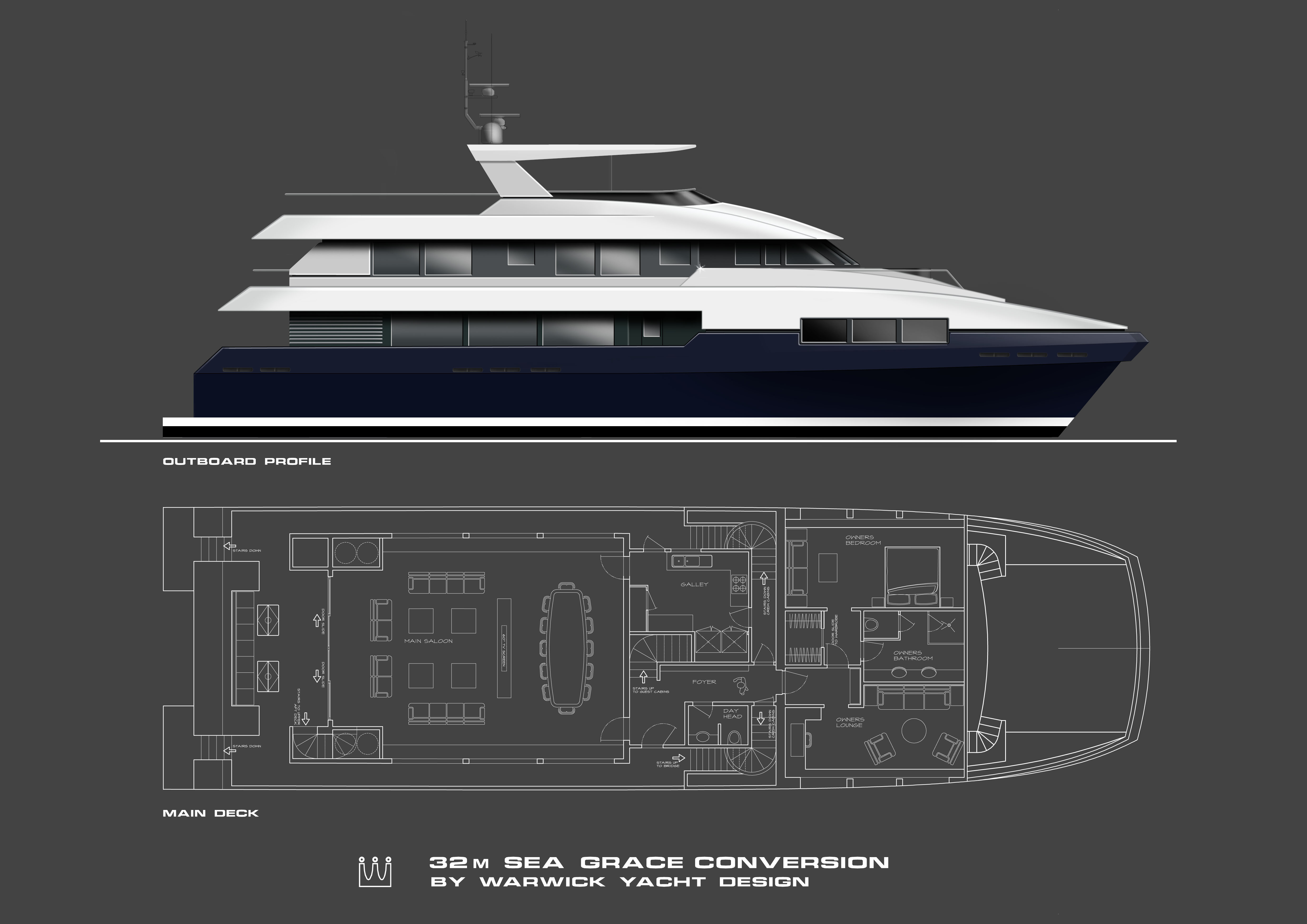 W32 Outboard Profile & Main Deck (Blue Hull)